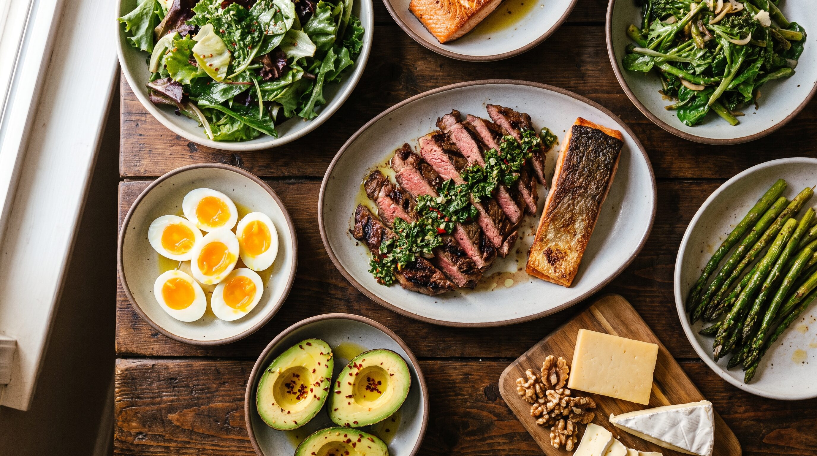A low-carb dinner spread with steak, salmon, eggs, avocado and greens