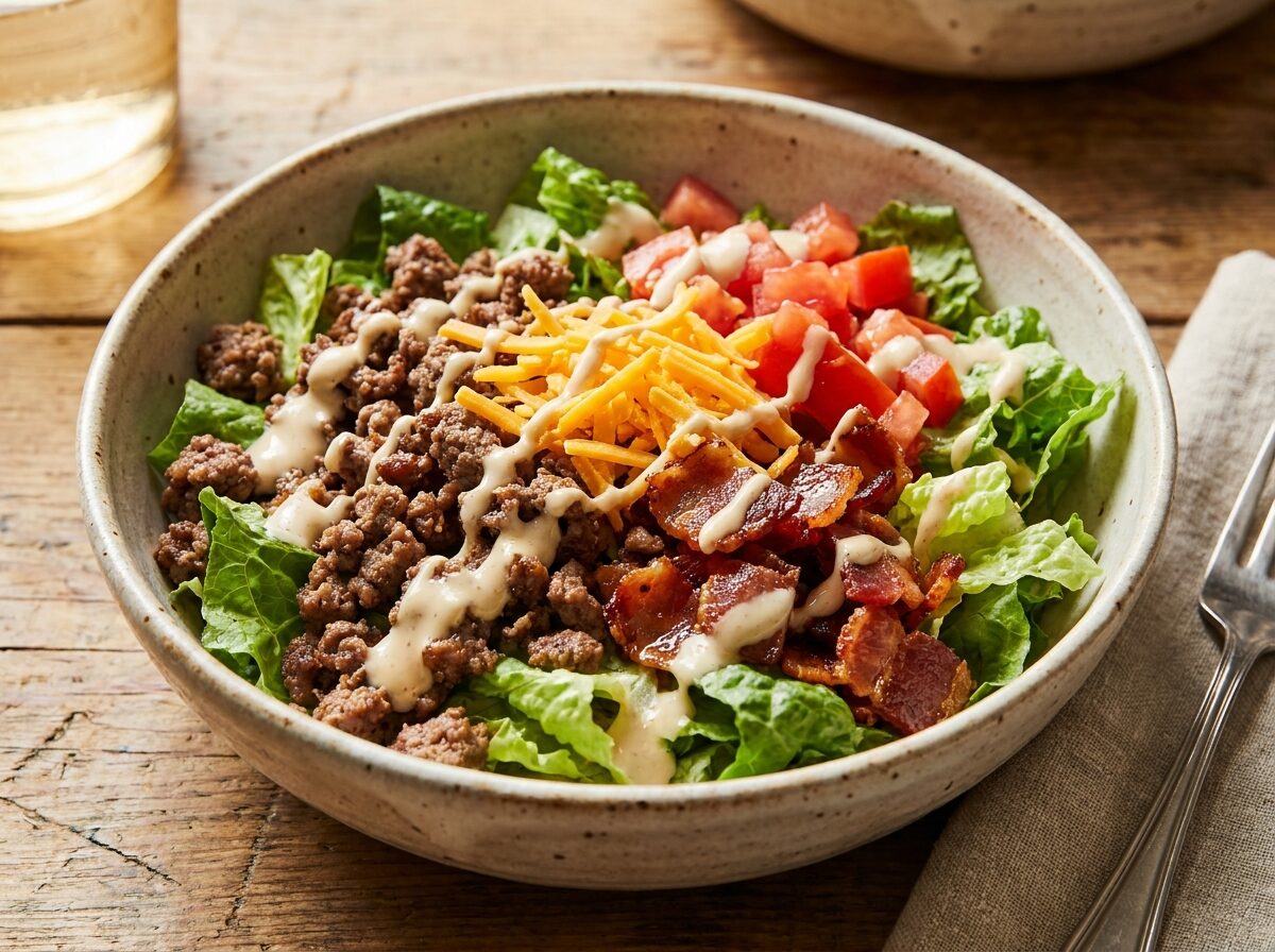 Bacon cheeseburger salad in a ceramic bowl